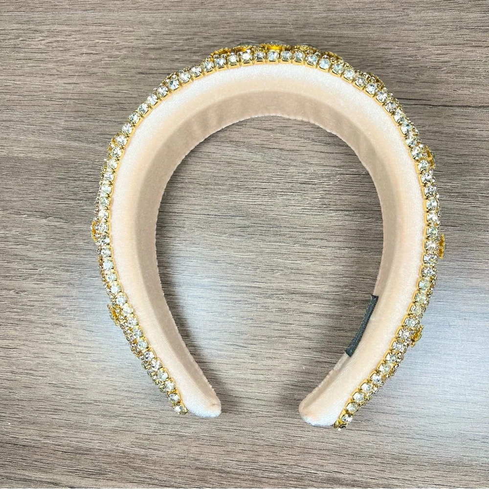 Champagne Gold Crystal Rhinestone Embellished Vintage Inspired Velvet Headband